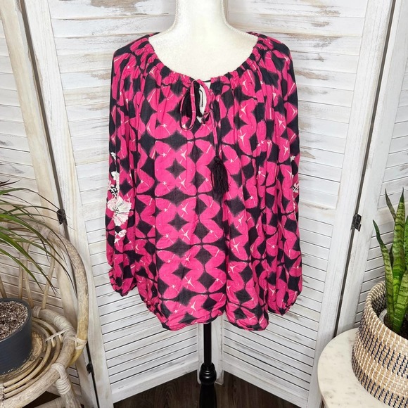 Sundance Women's Hyacinth Batik Print Gauzy Embroidered Top Bright Pink Black L - Picture 14 of 14